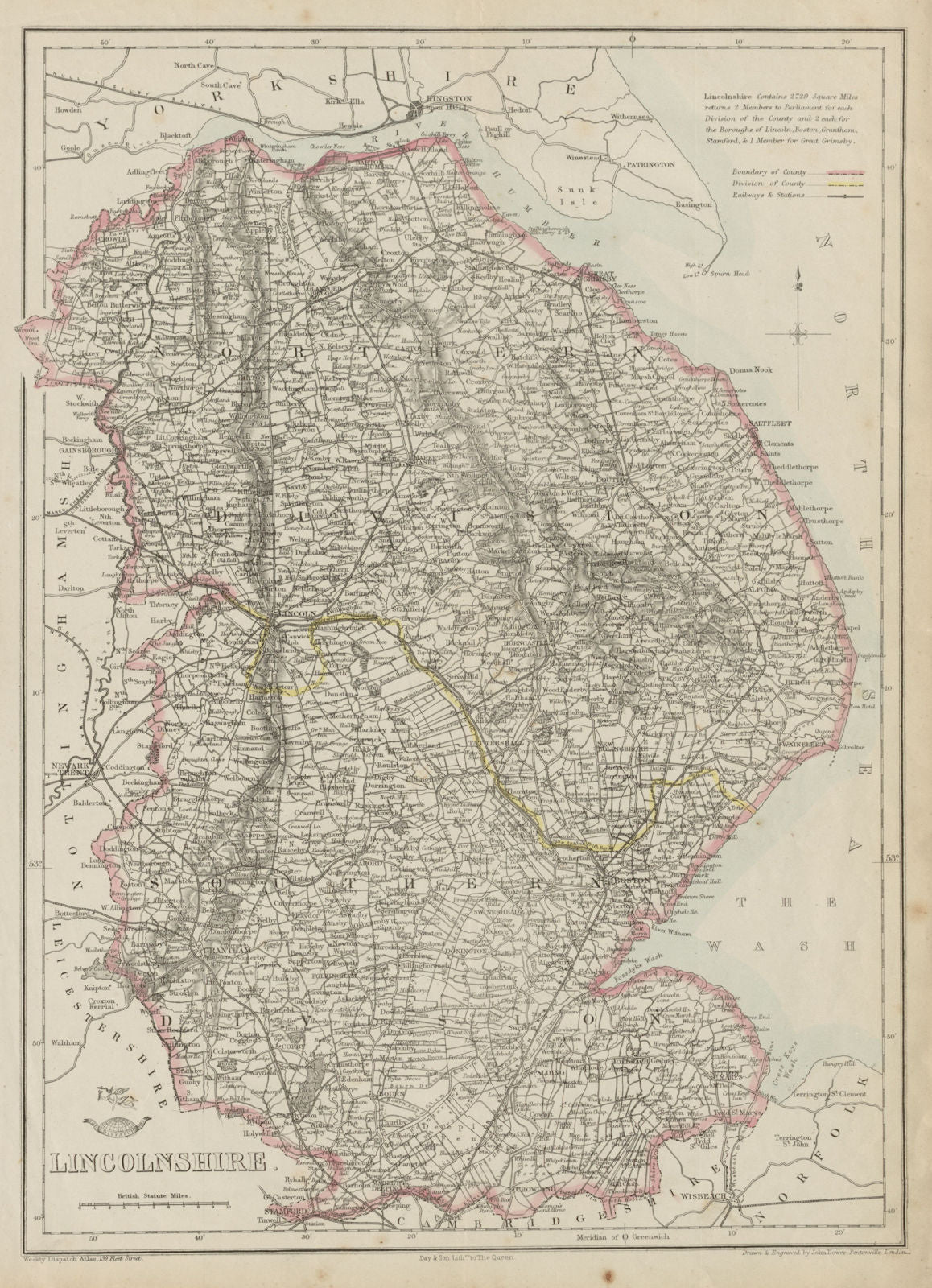 LINCOLNSHIRE. Antique county map. Fens. Railways. DOWER 1862 old